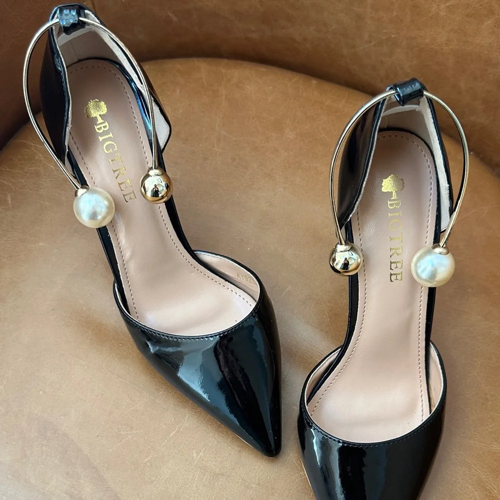 Black Patent Pointed Toe Stiletto Pumps with Pearl Ankle Detail - Picture 3 of 6